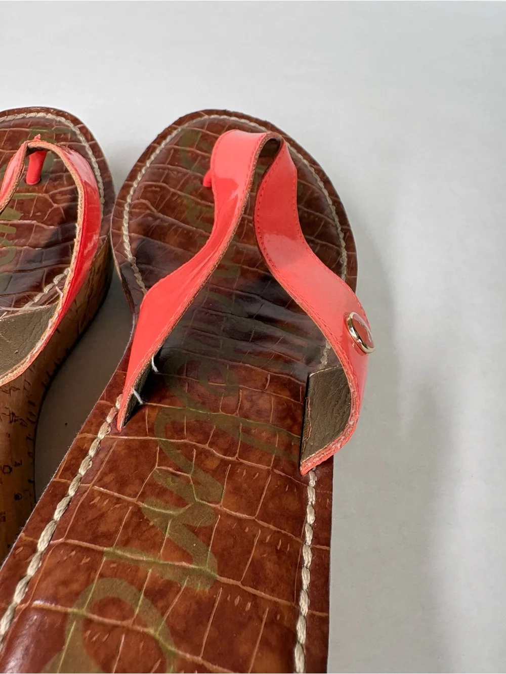 Sam Edelman Romy Croc Print Cork Wedge Thong Sandal US 7.5 Coral
